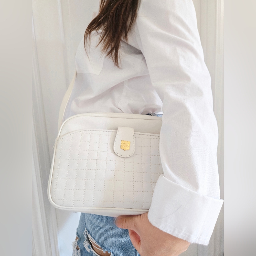 Authentic CELINE Macadam Quilted‎ White Leather Shoulder Crossbody Travel Bag